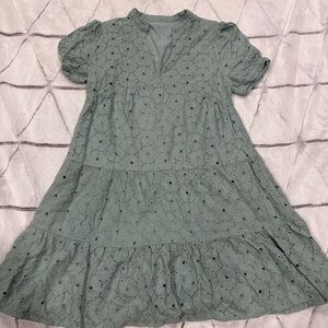 Eyelet Dress Cotton Green Med Casual Embroidered Babydoll Mini A-Line Flamingals